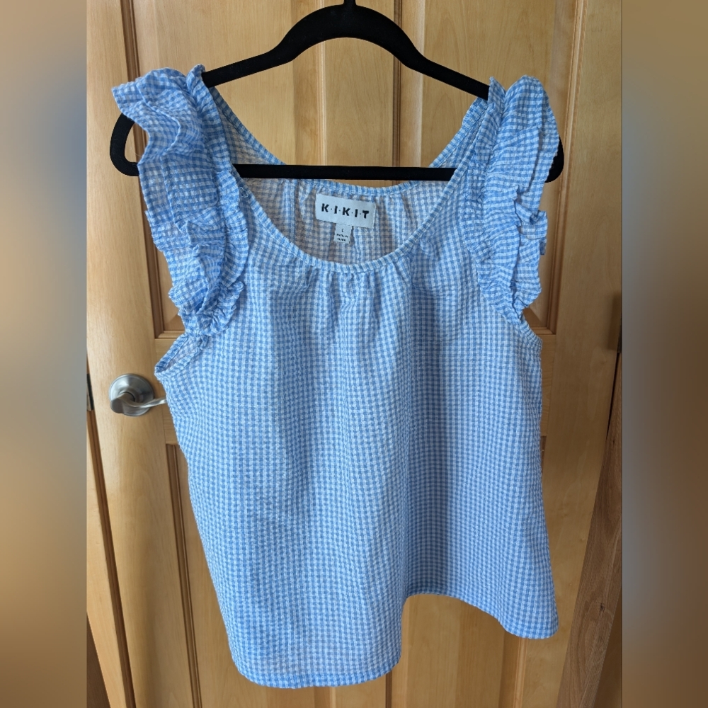 KIKIT Blue Gingham Ruffle Sleeveless Blouse